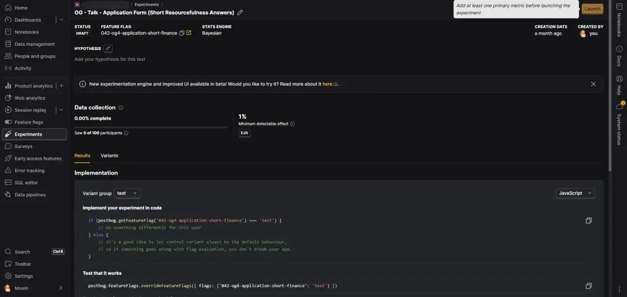 PostHog experiment page showing draft status and feature-flag implementation code